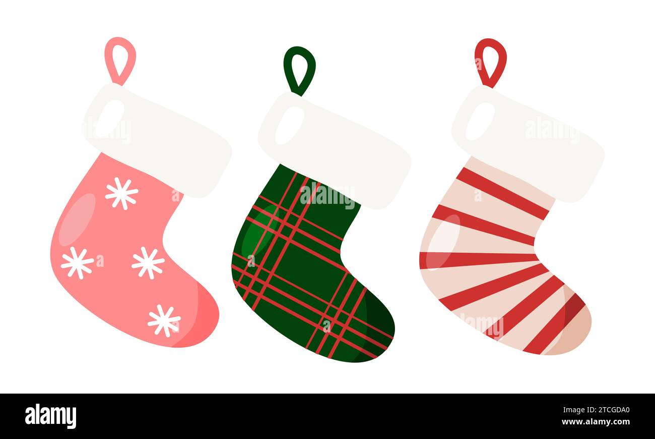 Satz festliche Weihnachtssocken für Feiertagsgeschenke, die am Kamin hängen werden, Vektor-Illustration Stock Vektor