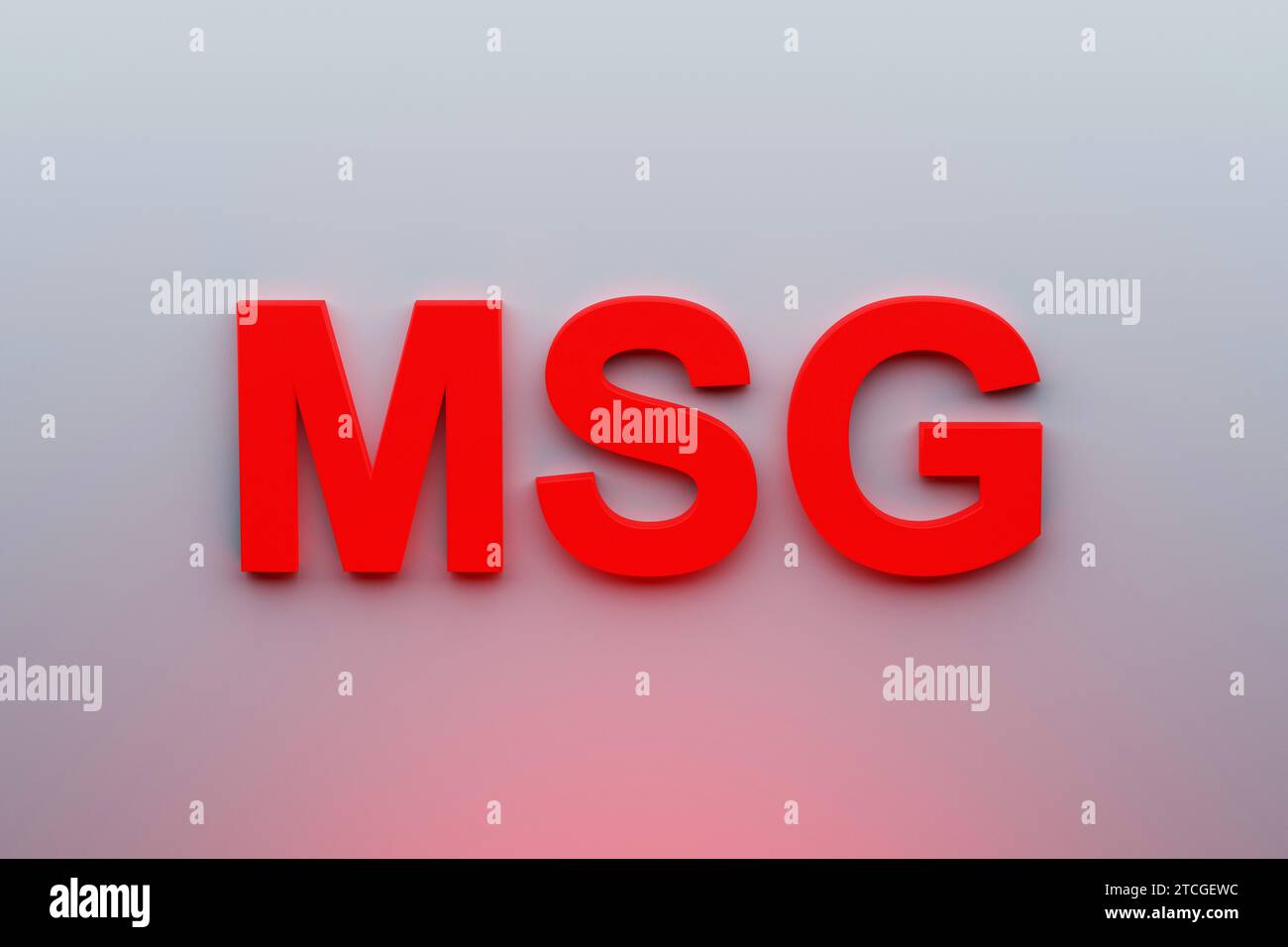 Roter 3D-Titel Mononatriumglutamat MSG C5H8NNaO4 in Lebensmitteln – strahlend beleuchtet Stockfoto