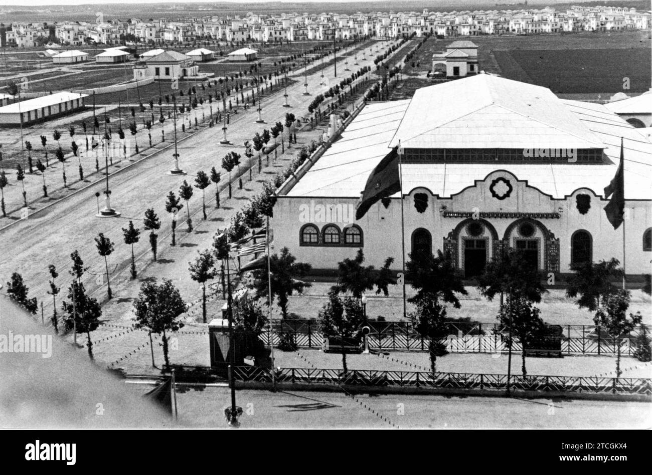 12/31/1928. Iberoamerikanische Ausstellung. Heliópolis Viertel, Maschinengalerien und Venezuela Avenue -. Capote-Archiv -. Quelle: Album/Archivo ABC Stockfoto