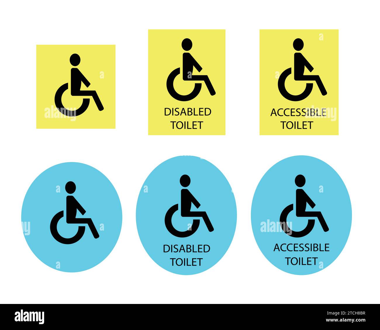 Schild für Behinderte mit Zugang zur Toilette. Legen Sie den Symbolvektor für den Aufklebersymbolvektor fest Stock Vektor