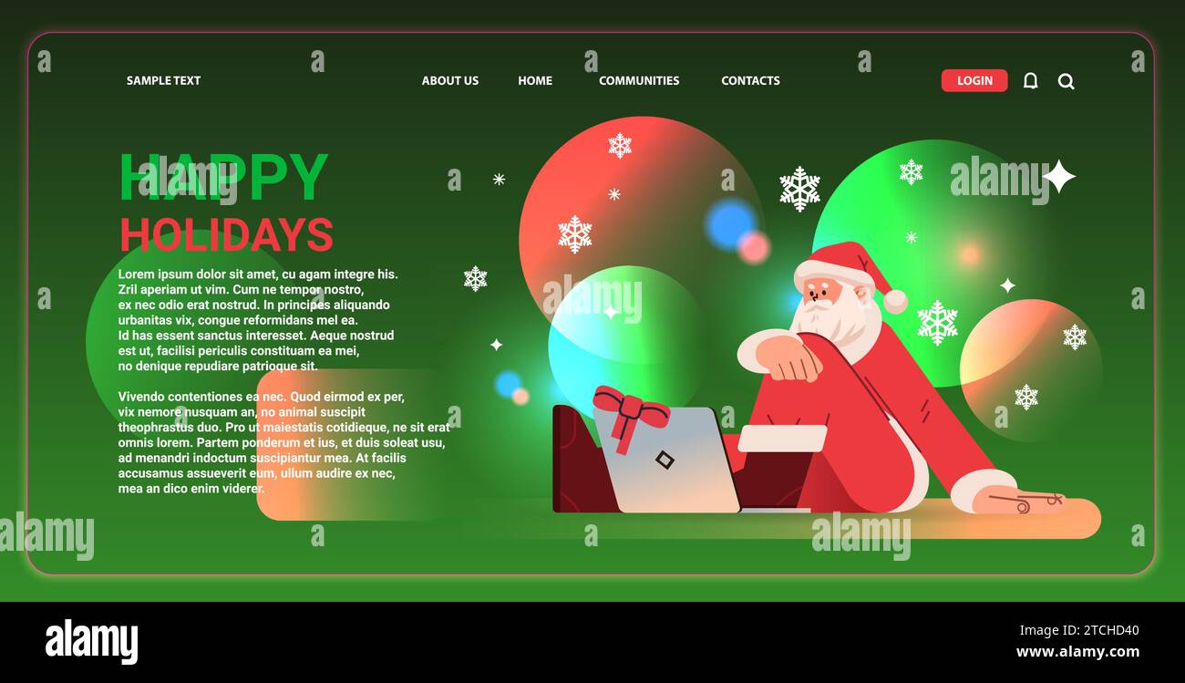 weihnachtsmann in rotem Kostüm sitzt auf dem Boden und benutzt Laptop Happy New Year Frohe christmas Holiday Celebration Konzept Stock Vektor