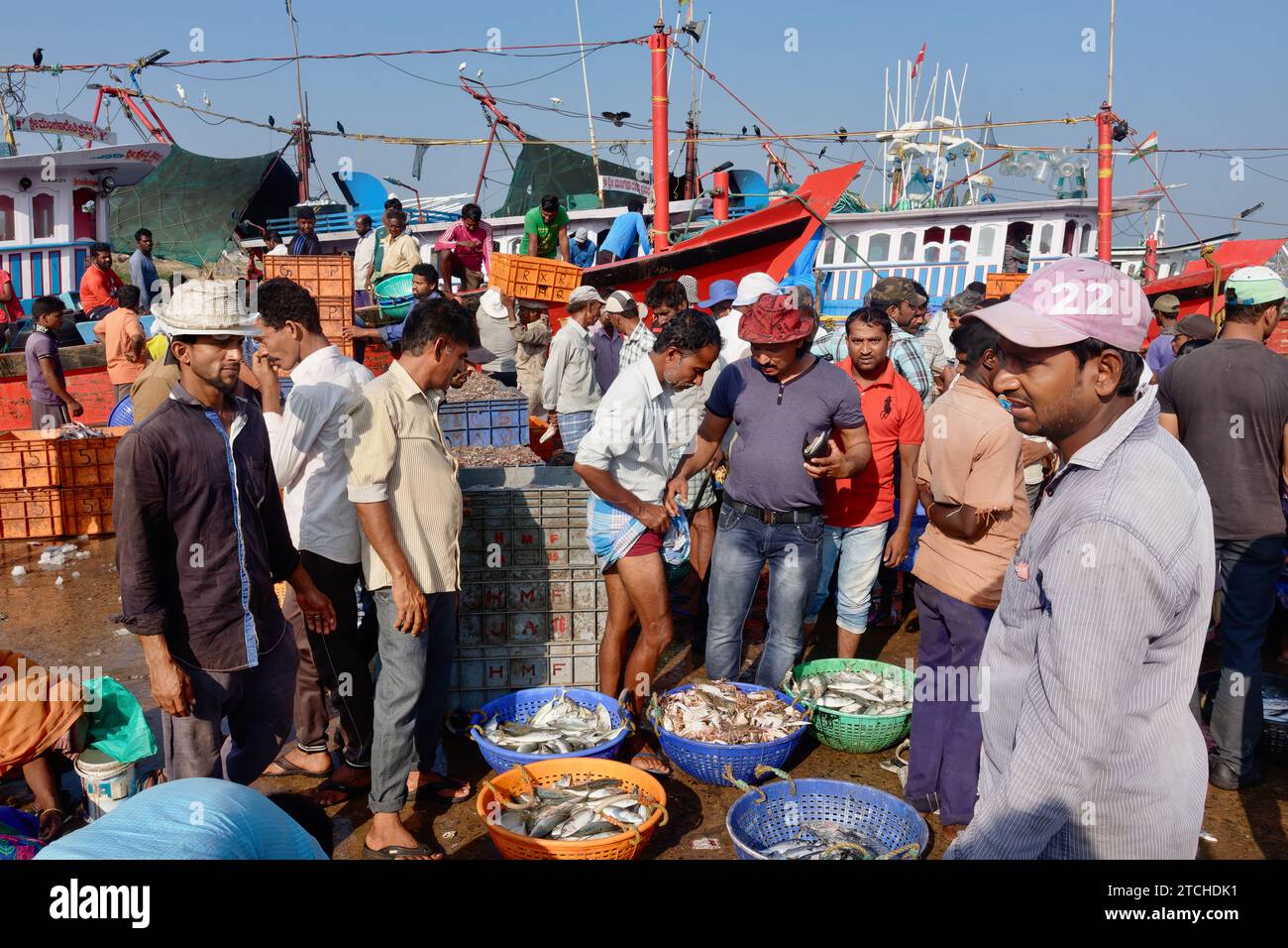 Zügige Aktivität, Radfahren und Handel, im alten Hafen, Mangalore, Karnataka, Indien, Fischerboote im Hintergrund Stockfoto