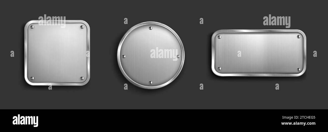 Satz leerer Metalletiketten, isoliert auf schwarzem Hintergrund. Realistische Vektor-Illustration von Stahl, Silber, Eisenplatten von runden, quadratischen, rechteckigen Formen, glänzenden Knopfrahmen, gebürstete Textur Typenschild Stock Vektor