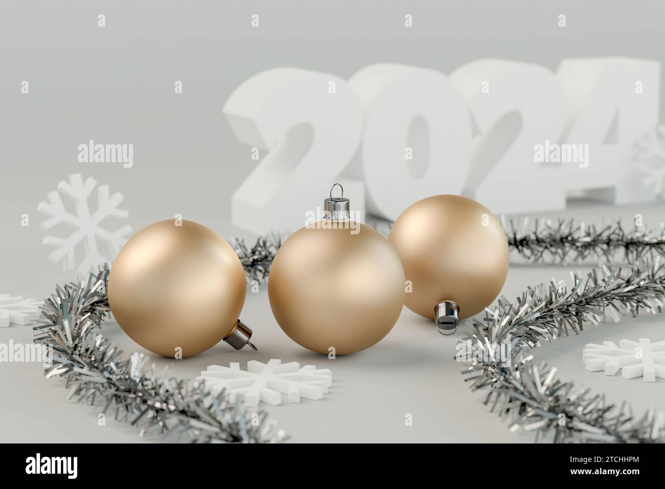 2024 weihnachten und Happy New Year goldene und silberne Grußkarte, 3D-Rendering. Selektiver Fokus Stockfoto
