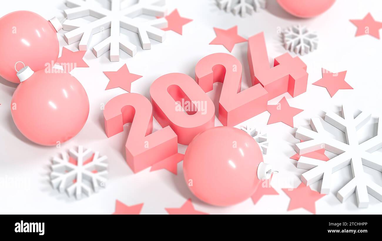 2024 pinkfarbene Ziffern, Kugeln und Schneeflocken. Geschenkkarte mit „Happy New Year“-Poster in rosafarbenen und weißen Motiven. 3D-Rendering Stockfoto