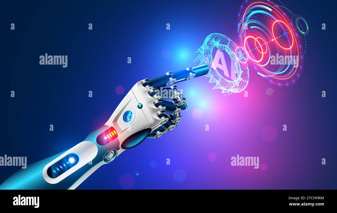 Roboterarm mit künstlicher Intelligenz drückt auf einen Knopf mit KI-Logo. Die Cyborg-Hand berührt die holographische Schnittstelle mit seinem Zeigefinger. AI b Stock Vektor