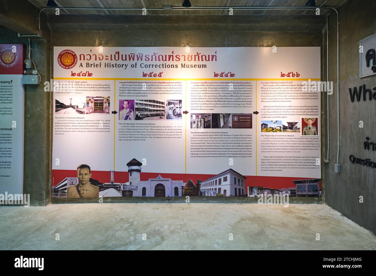 Eine detaillierte Einführungstafel am Eingang der Lobby zum Museum. Im Korrektionsmuseum in Bangkok, Thailand. Stockfoto