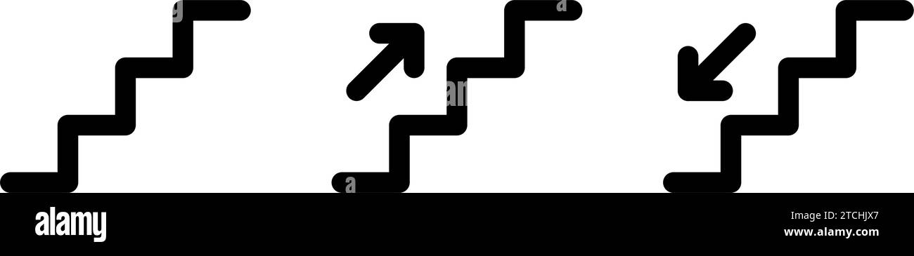 Treppen nach oben und unten Symbol mit Pfeil. Hinweisschild für Treppen. Treppensymbol oben und unten. Schwarzes Piktogramm der Rolltreppe. Vektordarstellung isoliert auf Stock Vektor