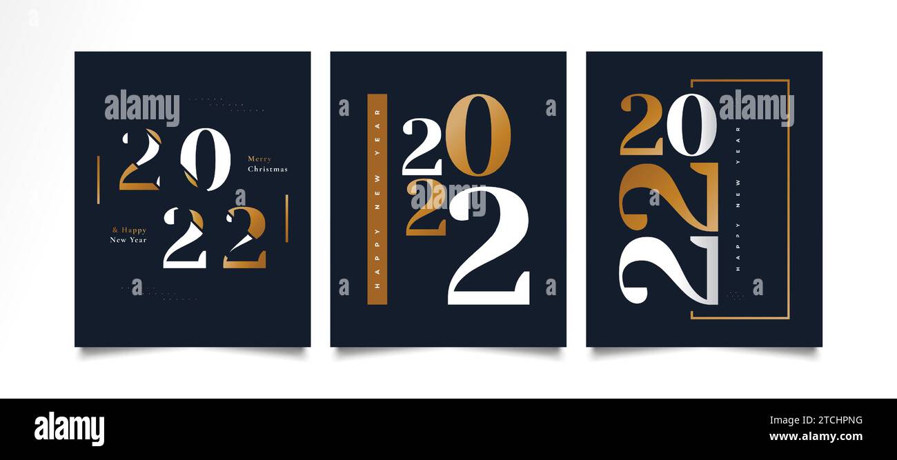 „Happy New Year 2022“-Poster-Set mit elegantem und minimalistischem Stil. Designvorlage für Neujahrsfeier für Flyer, Poster, Broschüre, Karte Stock Vektor
