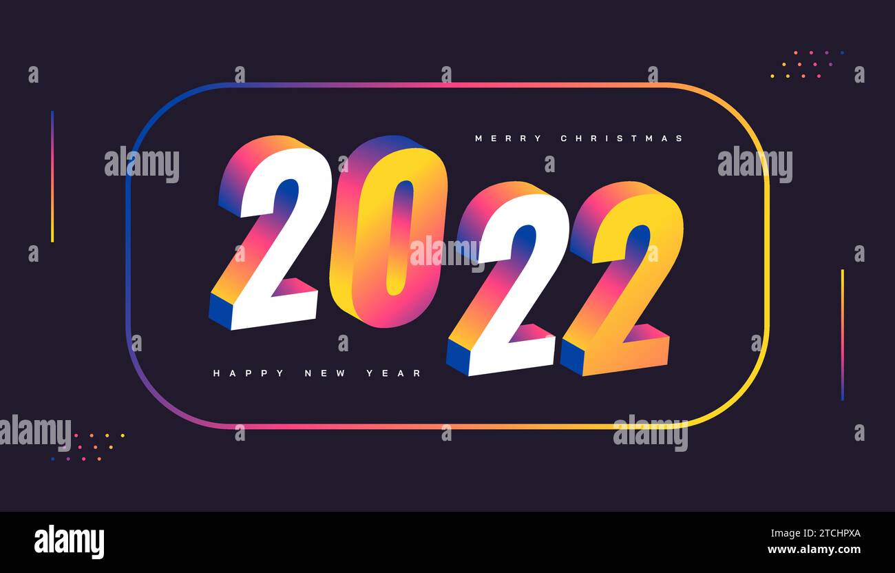 Happy New Year 2022 Banner- oder Posterdesign mit 3D-Zahlen in farbenfrohem Verlauf. Designvorlage für Neujahrsfeier für Flyer, Poster, Broschüre Stock Vektor