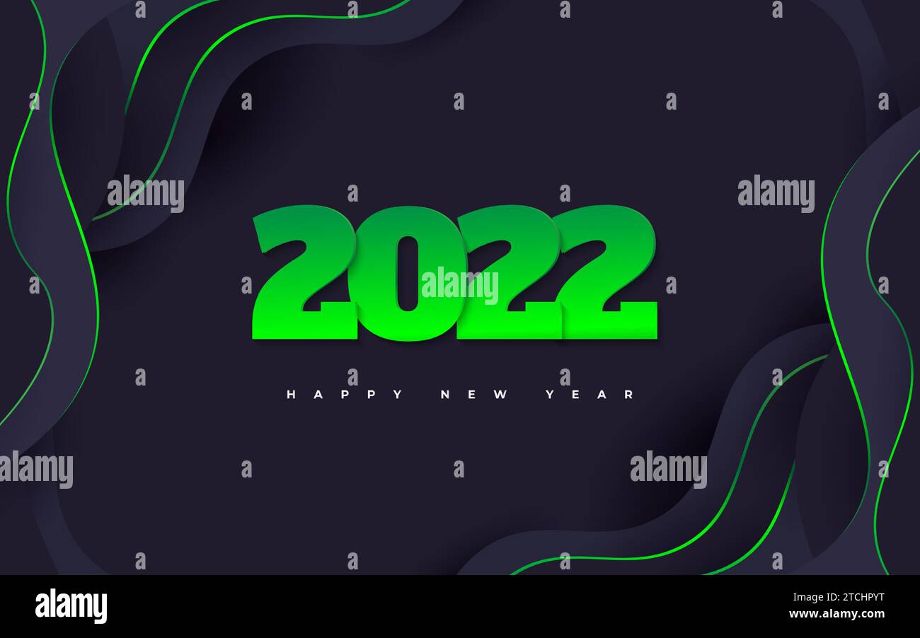 Happy New Year 2022 Banner oder Poster mit grünem 3D-Farbverlauf auf welligem Hintergrund. 2022 Logo oder Symbol. Vektor-Illustrationen Für Feiertage Stock Vektor