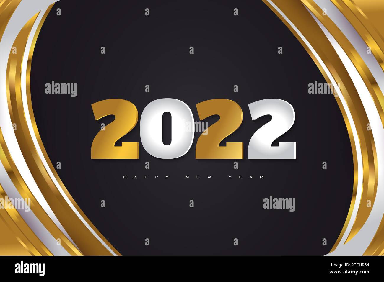 Happy New Year 2022 Banner oder Poster Design mit Silber- und Goldnummern auf schwarzem Hintergrund. 2022 Logo oder Symbol. Vektor-Illustrationen Für Feiertage Stock Vektor