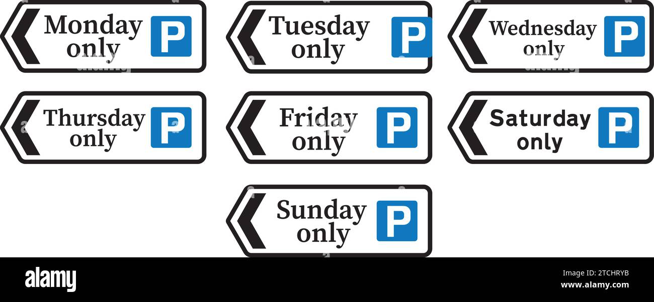 Die Richtung zum Parkplatz, das Straßenverkehrsschild der Straßenverkehrsordnung, Hinweisschilder, Schilder mit roten Kreisen sind meist unerschwinglich. Es gelten die Platten unter den Schildern Stock Vektor