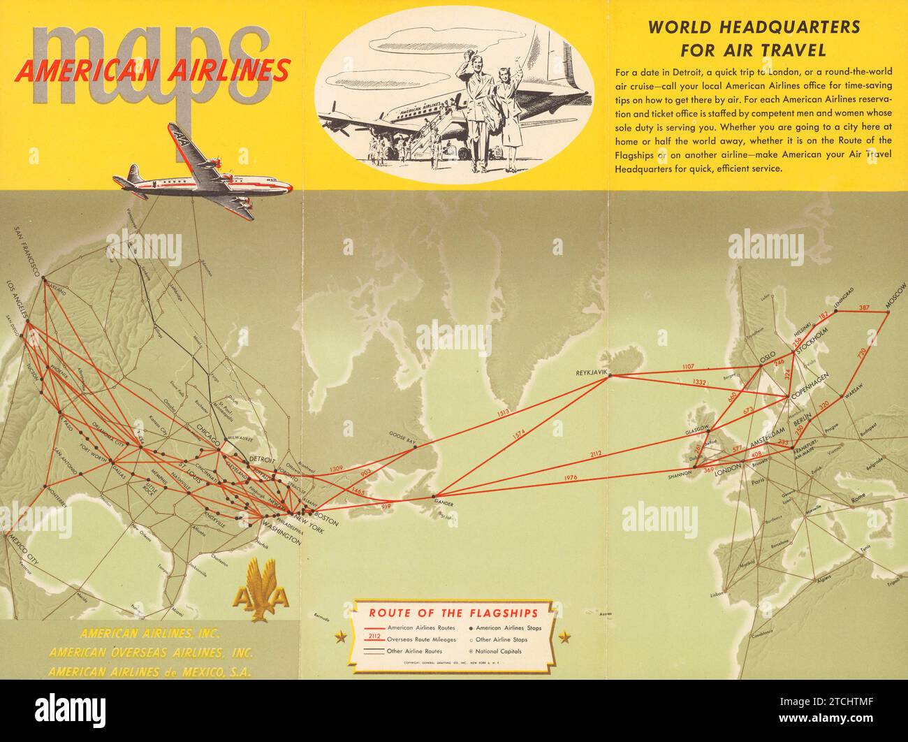 American Airlines Karten - Routen - Flugreisen 1940 - Poster der Fluggesellschaft Stockfoto