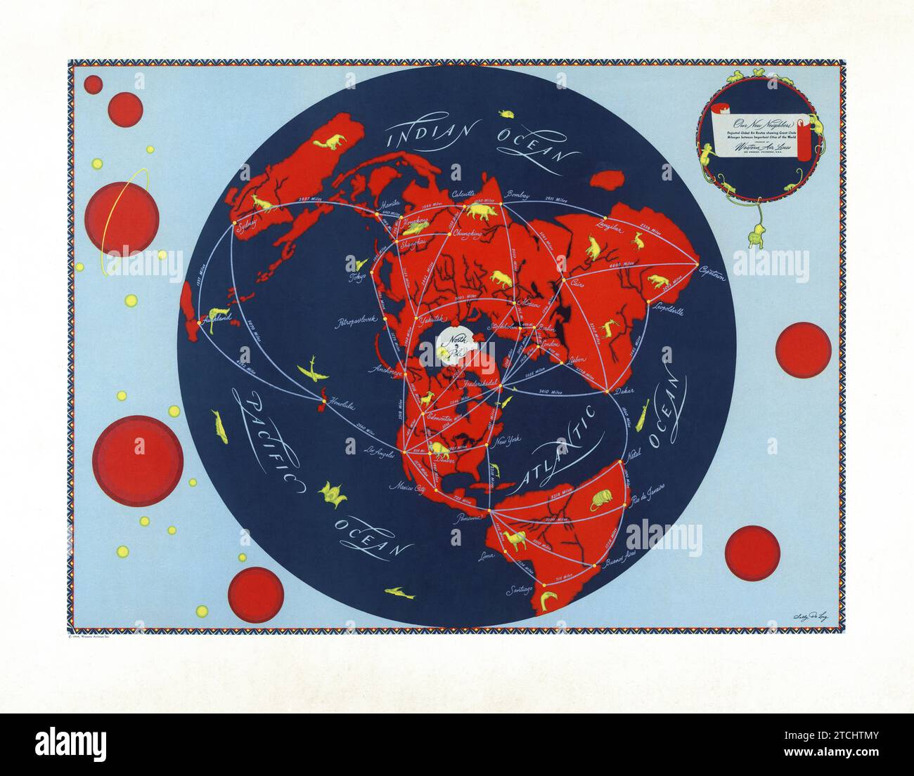 Vintage-amerikanisches Reiseposter - farbige Poster der Western Airlines Karte der Welt von Sally de Long. Die Karte zeigt die projizierten Flugstrecken der Mitte des 20. Jahrhunderts Stockfoto