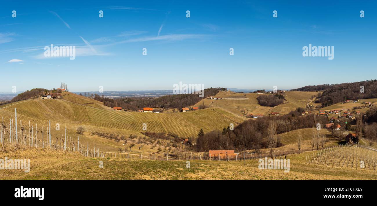 Grenze zu Österreich, Slowenien. Weinberge Sulztal Panorama, Leibnitz Gebiet Südsteiermark Weinstraße, Weinland. März vor der Saison Stockfoto