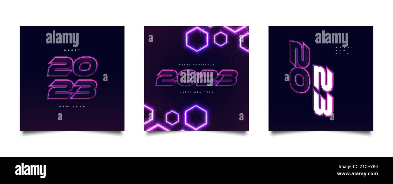 Happy New Year 2023 Poster-Set mit futuristischem Konzept und farbenfrohem Neoneffekt. 2023 Neujahrsdesignvorlagen für Feier, Hintergrund, Banner Stock Vektor