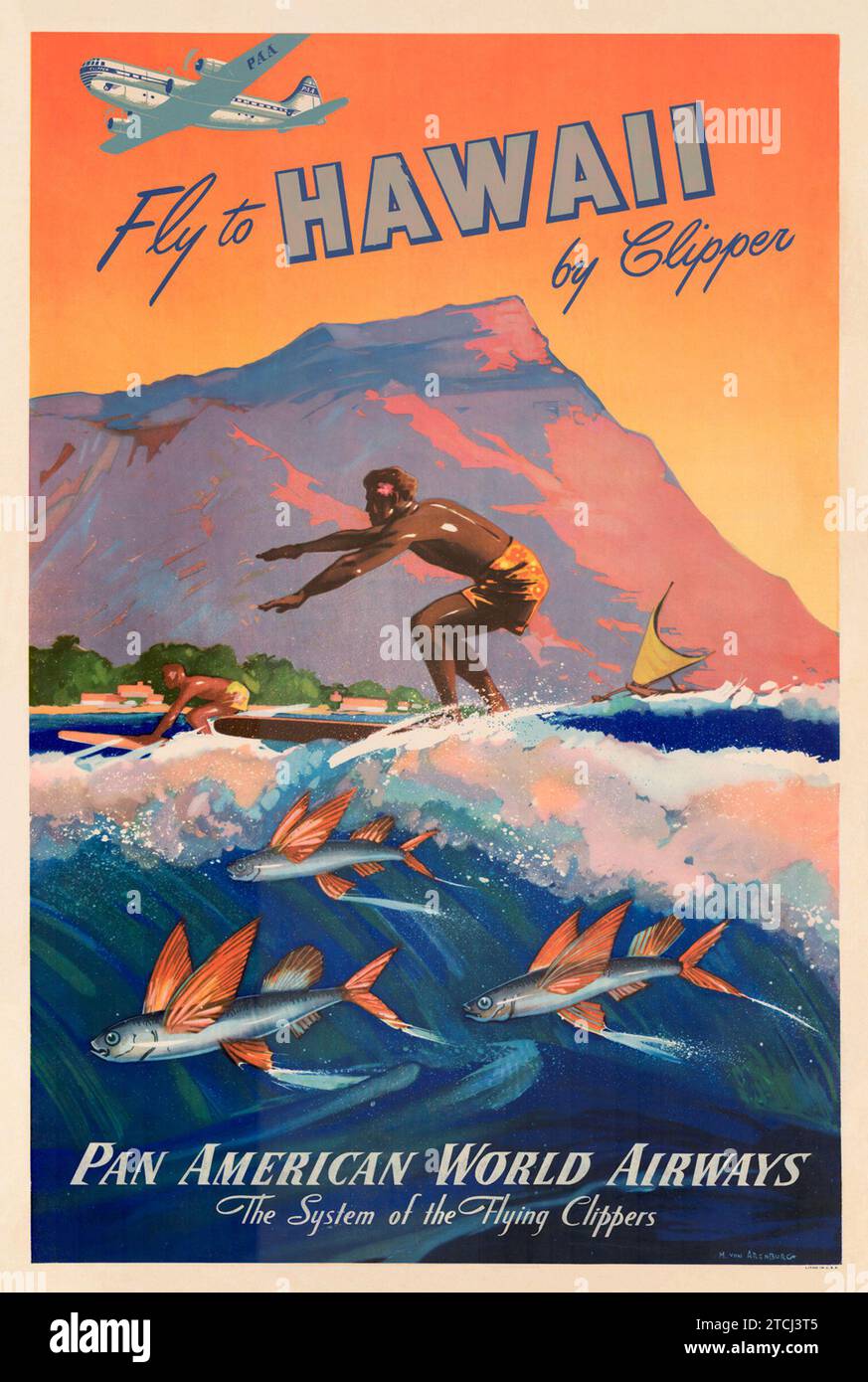 Fly to Hawaii - American Travel Poster, 1940er Jahre - Vintage Surfen - Pan American World Airways, Flying Clippers Stockfoto