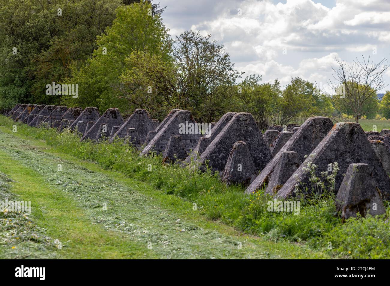 Naturschutzgebiet entlang der historischen Panzerfallen entlang der Westwall in der Nähe der Stadt Simmerath in der Eifel in Deutschland Stockfoto