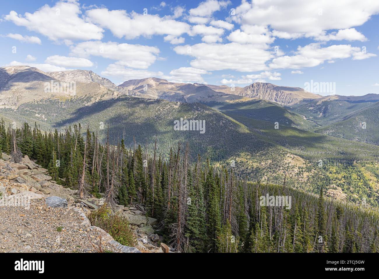 Blick auf die Mummy Mountain Range, vom Rainbow Curve Ausblick aus gesehen Stockfoto