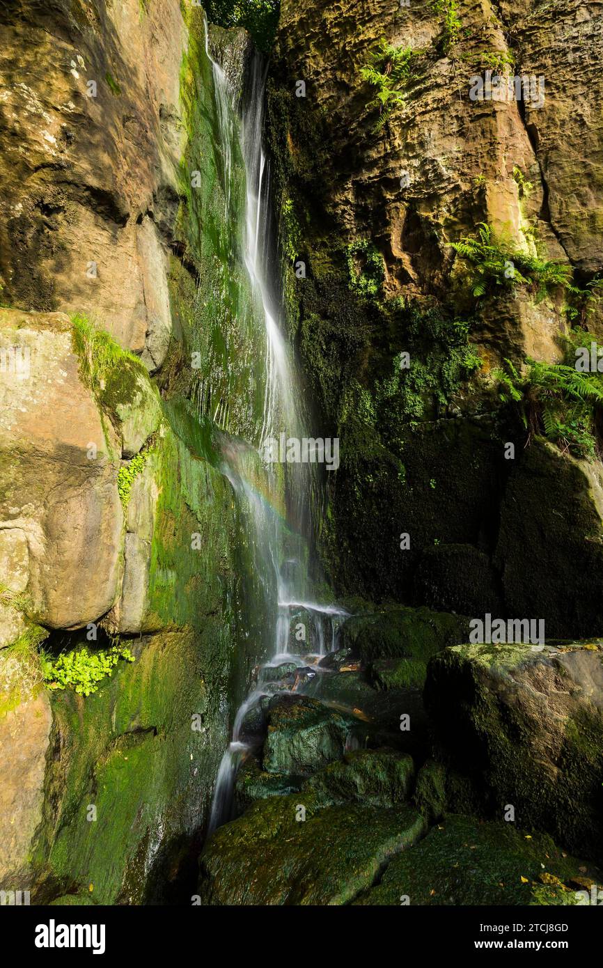 Der Wasserfall Langenhennersdorf. Mündung des Langenhennersdorfer Bachs in die Gottleuba über einen 9 m hohen Wasserfall, der Bach mit seiner Einbuchtung konnte Stockfoto