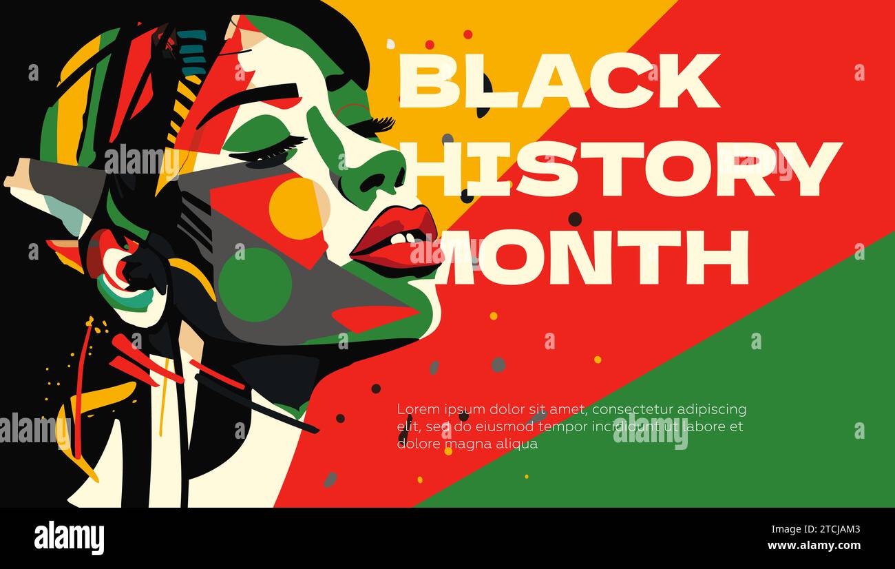 Abstraktes grafisches Banner für Black History Month. Afroamerikanische Rechte und Kultur feiern. Modernes kreatives Plakat mit farbiger Person. Afrika-Frau auf Afro-Flagge Farben Kunstvektor-Design-Plakat Stock Vektor