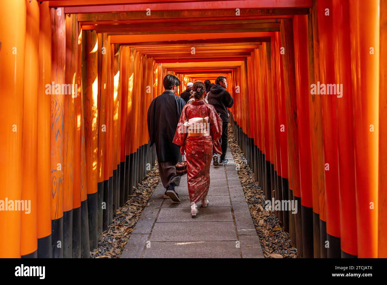 KYOTO/JAPAN - 28. November 2023: Die Menschen passieren die Torii des Fushimi inari Tempels Stockfoto