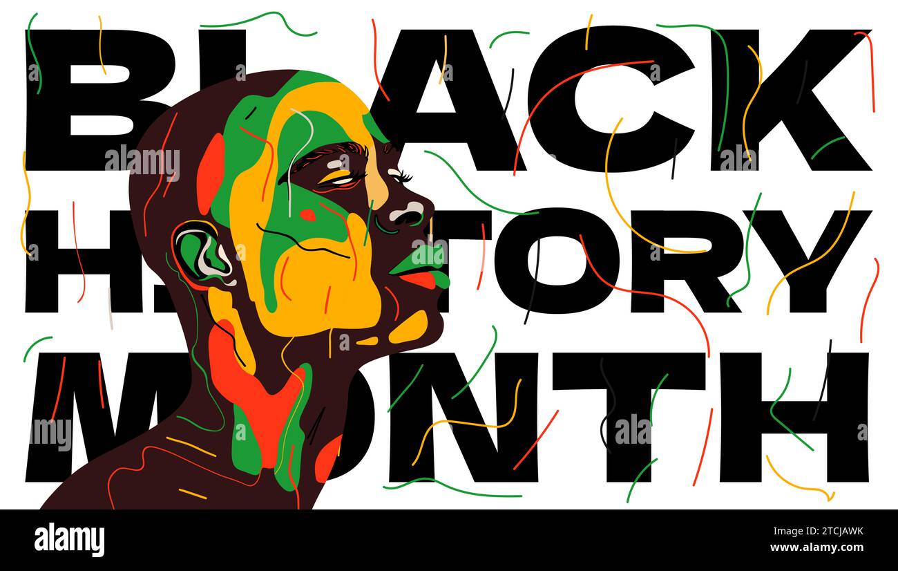 Abstraktes grafisches Banner für Black History Month. Afroamerikanische Rechte und Kultur feiern. Modernes kreatives Plakat mit farbiger Person. Afrika-Mann auf afro-Flaggenfarben Kunstvektor-Design EPS-Plakat Stock Vektor