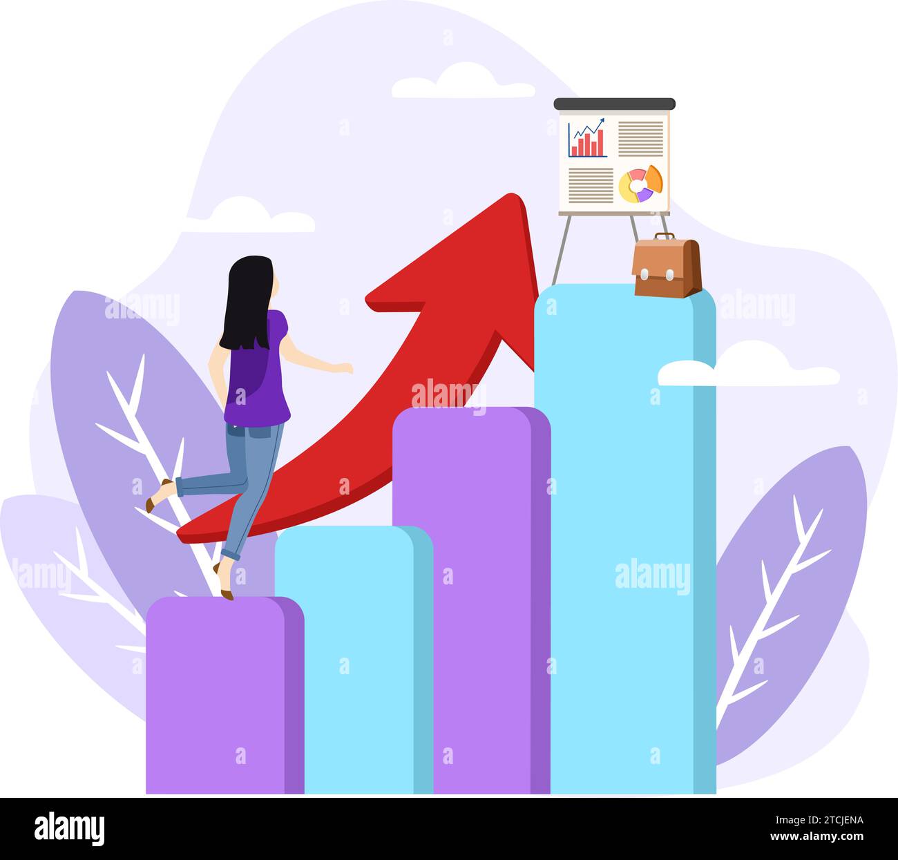 Illustration zum beruflichen Aufstieg. Abstraktes Konzept zur beruflichen Weiterentwicklung. Der junge Unternehmer läuft mit einem welligen Pfeil nach oben. Förderung des Unternehmens und Wachstum von Stock Vektor