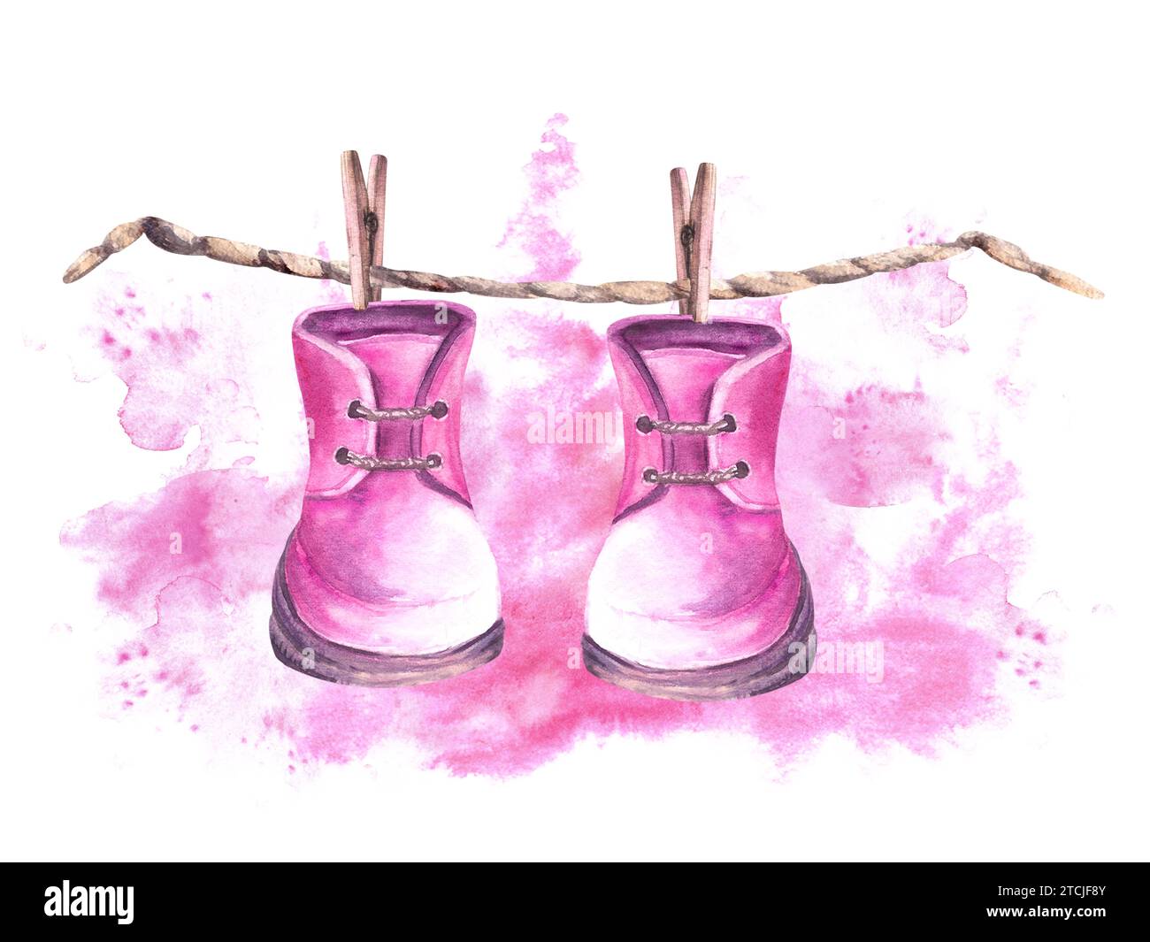 Baby-pinkfarbene Schuhe, Schuhe mit Wäscheleinen und Wäscheklammern vor dem Hintergrund von Aquarellflecken. Gemalte Illustration zum Geburtstag, Stockfoto