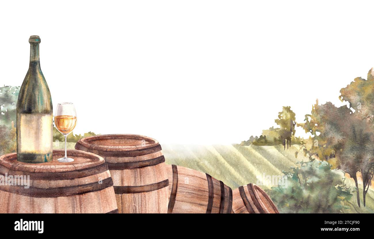 Handgezeichnetes Weinetikett mit Aquarell. Holzfässer, Flasche, Glas Weißwein vor Weinbergen ländliche Landschaft mit Weinbergen und Bäumen. Winemaki Stockfoto