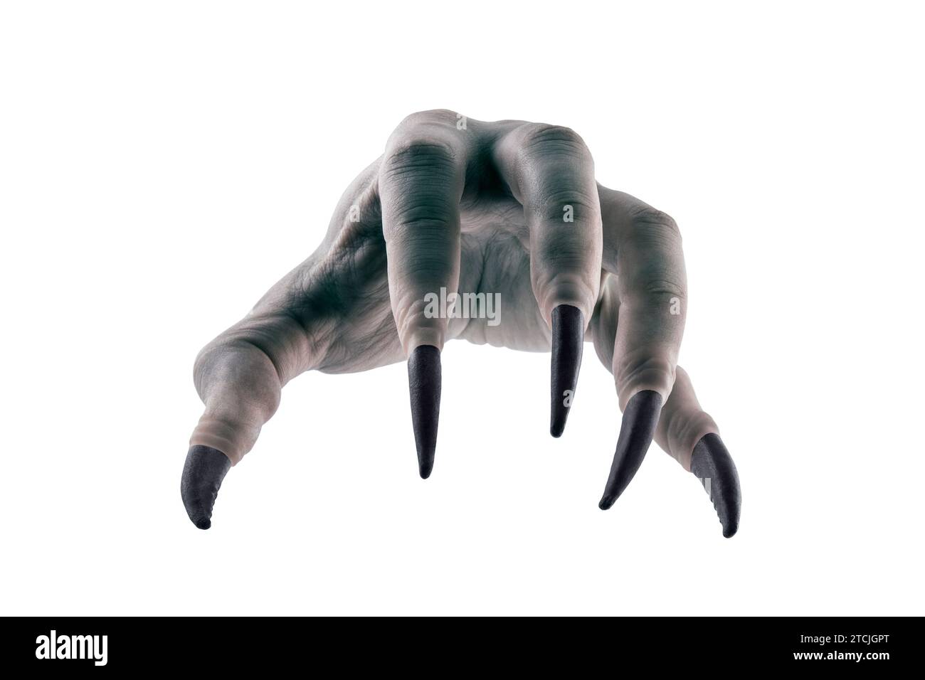 Gruselige Monsterhand mit schwarzen Klauen isoliert auf weißem Hintergrund mit Schneidepfad Stockfoto