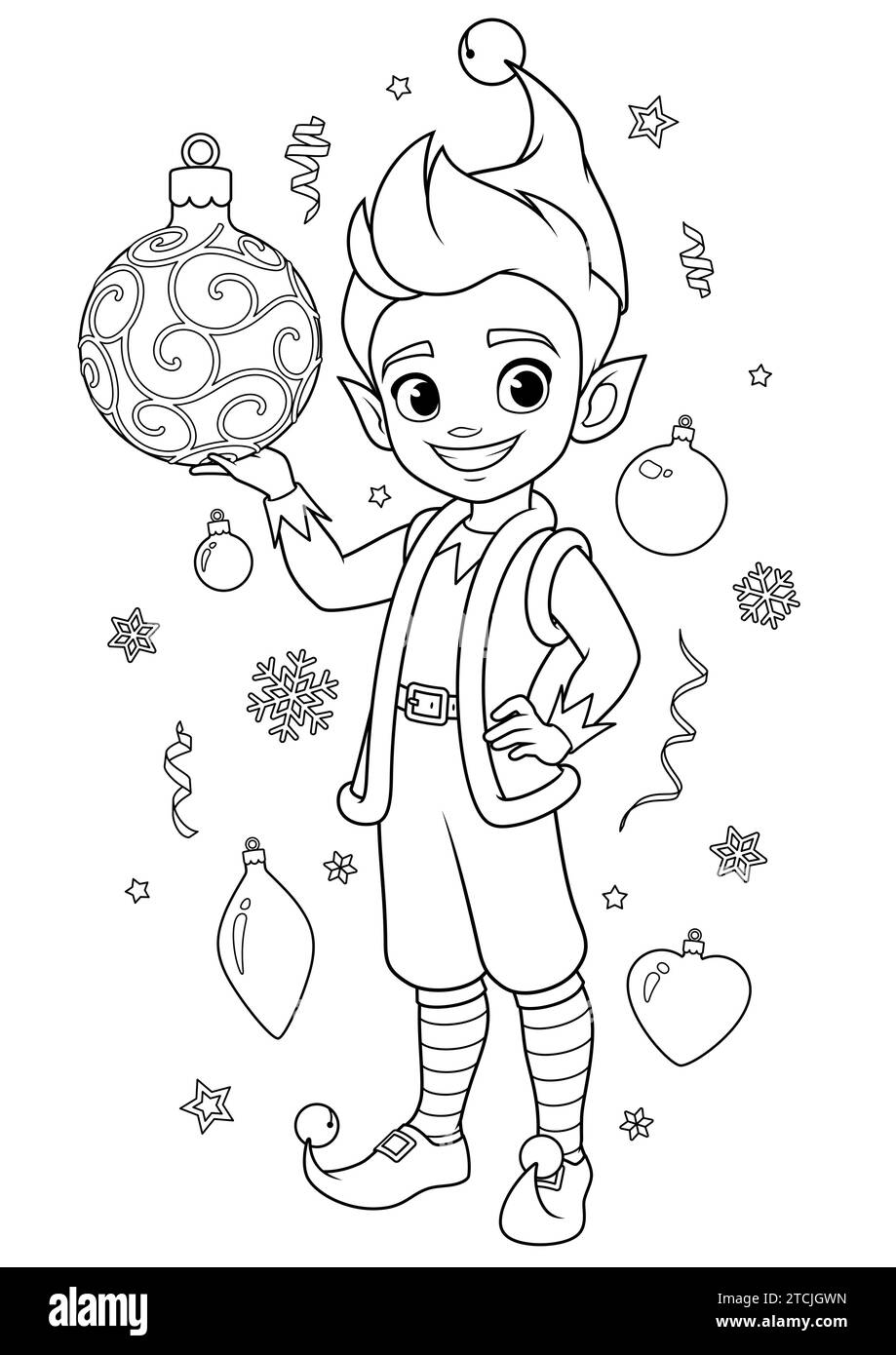 Süßer Happy Elf Boy mit Weihnachtsball. Santas kleine Helfer Malbuch Seite für Kinder Vektor Illustration. Stock Vektor