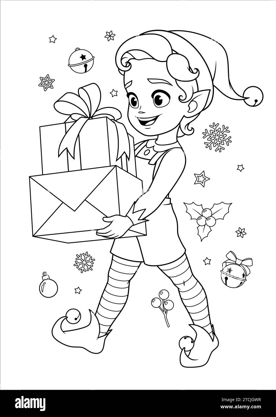 Süßer Elf mit Weihnachtsgeschenken. Santas kleine Helfer Malbuch Seite für Kinder Vektor Illustration. Stock Vektor