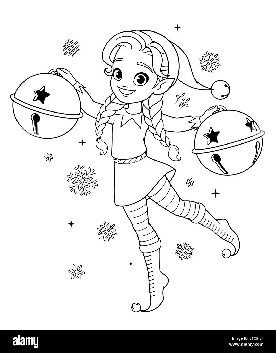 Süßes Elfenmädchen mit weihnachtlichen Jingle-Glocken. Santas kleiner Helfer Färbung Buch Seite Vektor Illustration. Stock Vektor