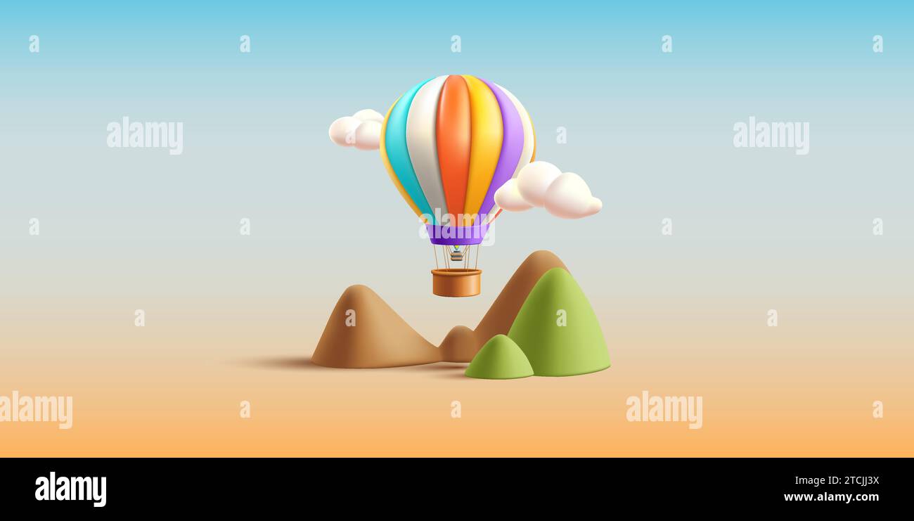 Heißluftballon mit Korb 3D rendern Illustration fliegt über den Bergen am Himmel mit Wolken, Rendern Sie Comic-Komposition Stock Vektor