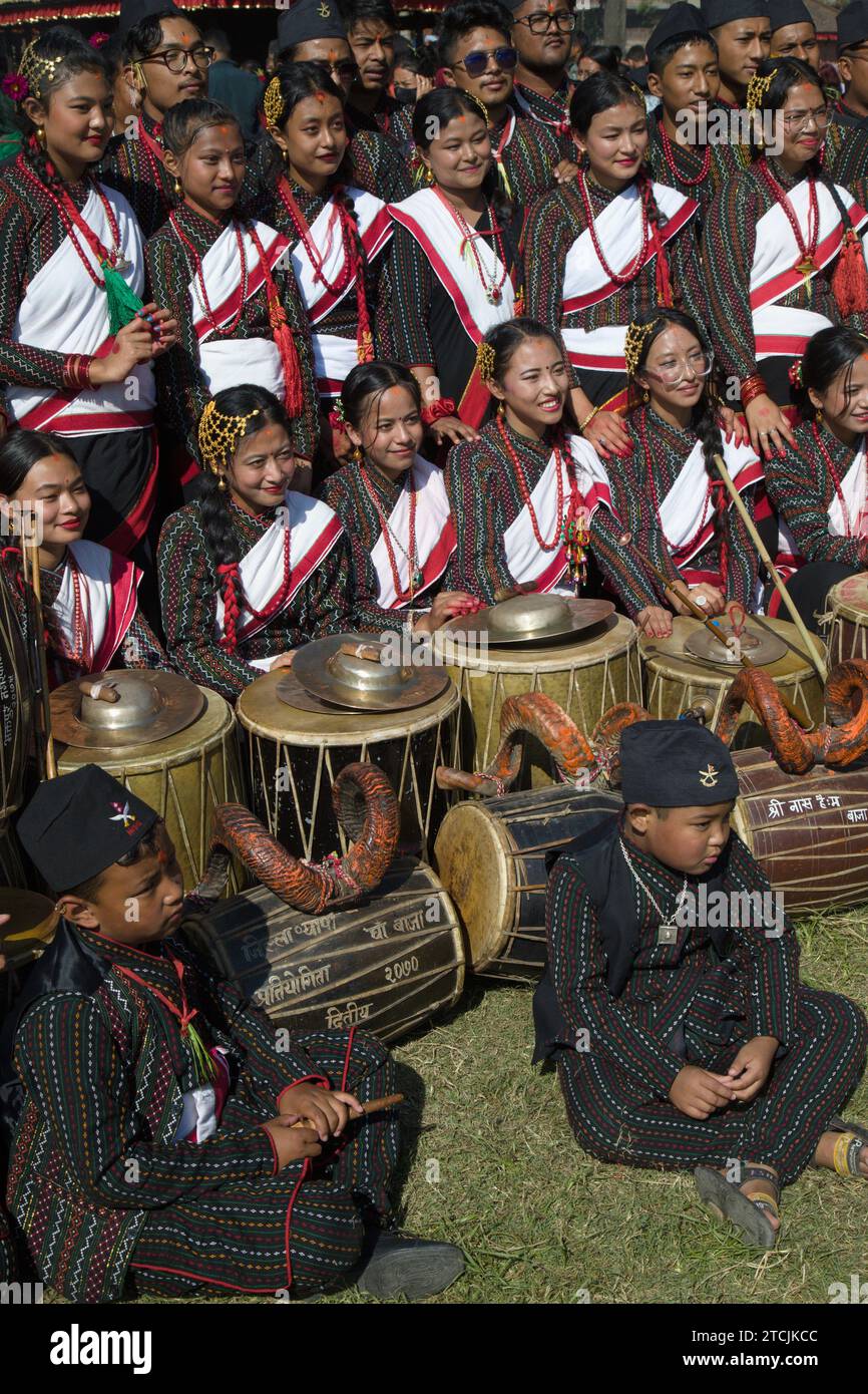 Nepal, Bhaktapur, Dashain Festival, Menschen, Musiker, Stockfoto