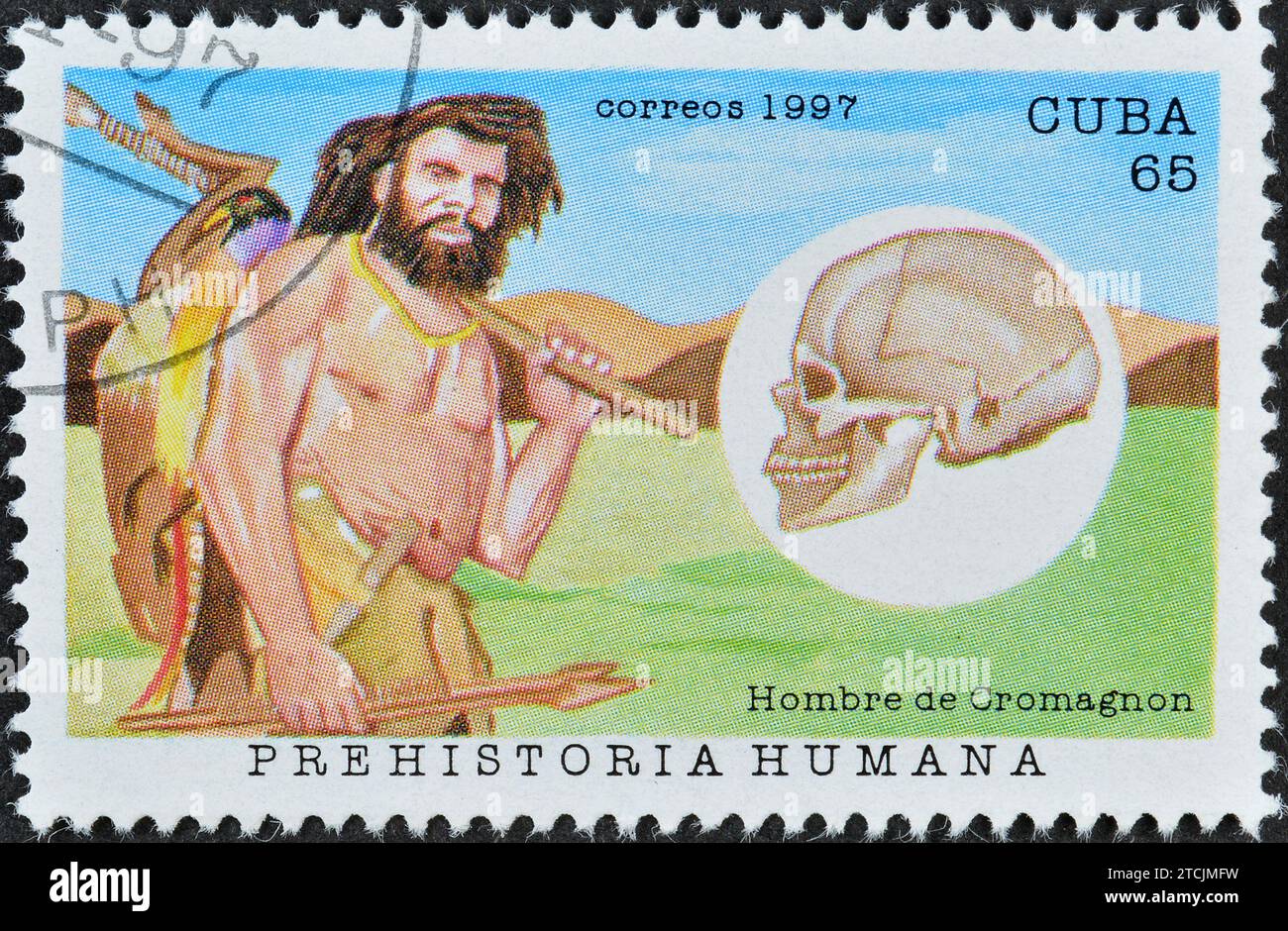Gestempelte Briefmarke von Kuba, die Homosapiens sapiens - Cro-Magnon-Typus, Hominiden, um 1997 zeigt. Stockfoto