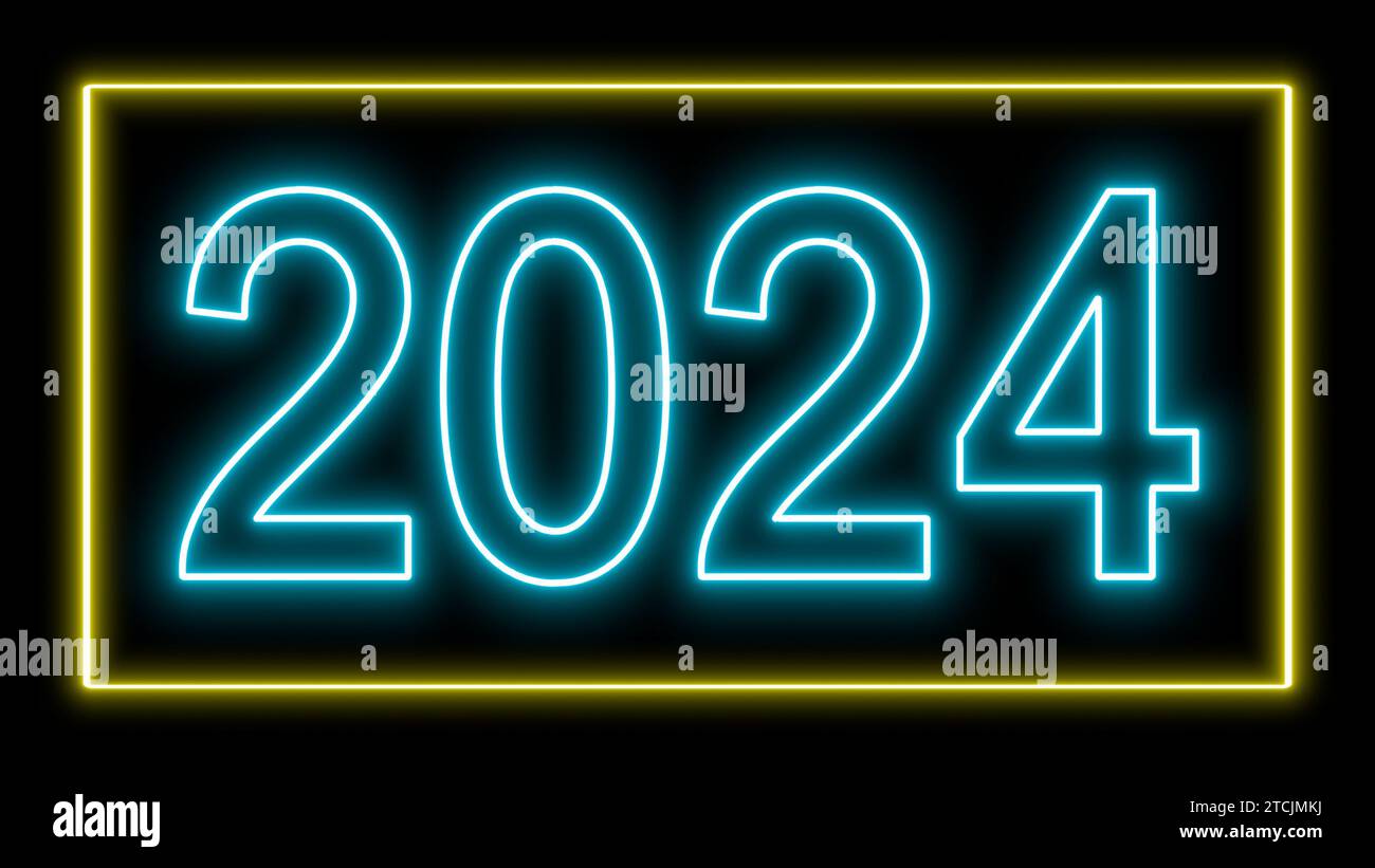 Leuchtend blauer Neontext 2024 mit Alpha Matte Stockfoto