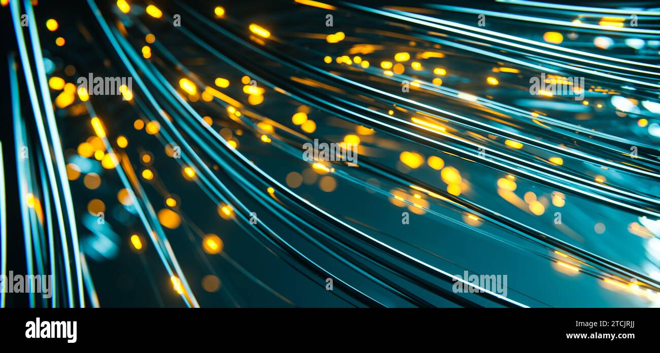 Abstrakter Technologiehintergrund mit beweglichen Bokeh-Lichtern. Stockfoto