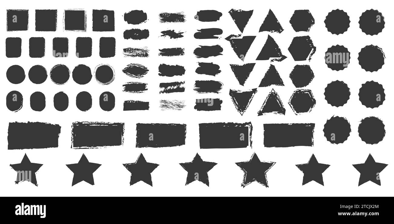 Satz von Grunge Rahmen Stempel, Quadrate, ovale Hintergründe Pinselstriche, dekorative Pinsel Vektor Silhouetten, Aufkleber Rahmen Stock Vektor
