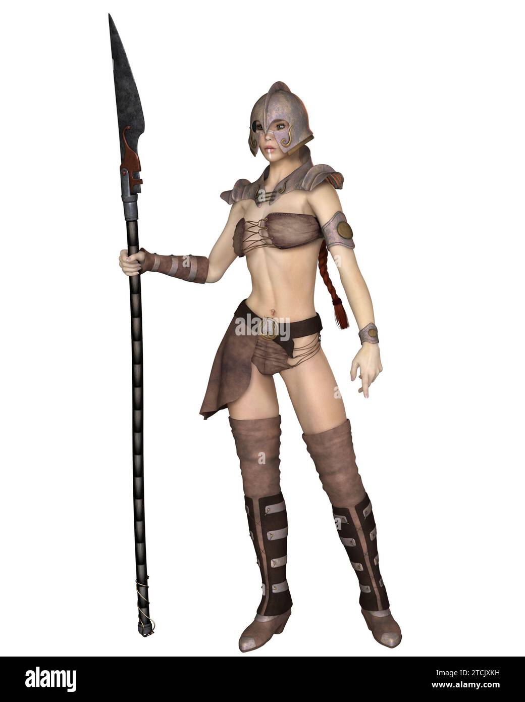 Weibliche Fantasy Barbarienjägerin wartet mit Speer Stockfoto