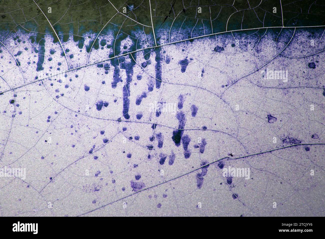 Violette Rissfarbe auf rostigem Eisenhintergrund Stockfoto