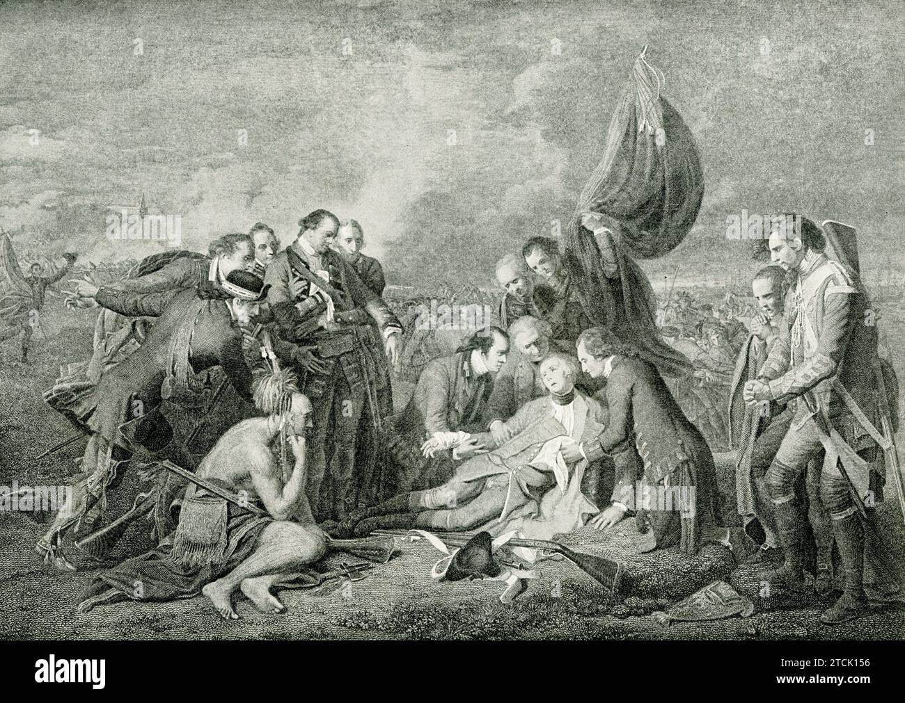 Diese Abbildung zeigt den Tod des englischen Generals Wolfe im Kampf gegen die Franzosen in Québec. James Wolfe (1727–1759) war der zweite Kommandant von Jeffery Amherst im Französisch- und Indianerkrieg. Er befehligte die Expedition gegen Québec und zwang die Eröffnung einer Schlacht mit den Franzosen unter Montcalm auf der Ebene von Abraham. Der Sieg, den er dort gewann, war der Schlüssel, um Neufrankreich an England zu geben. Sowohl er als auch Montcalm wurden in der Schlacht tödlich verwundet. Stockfoto