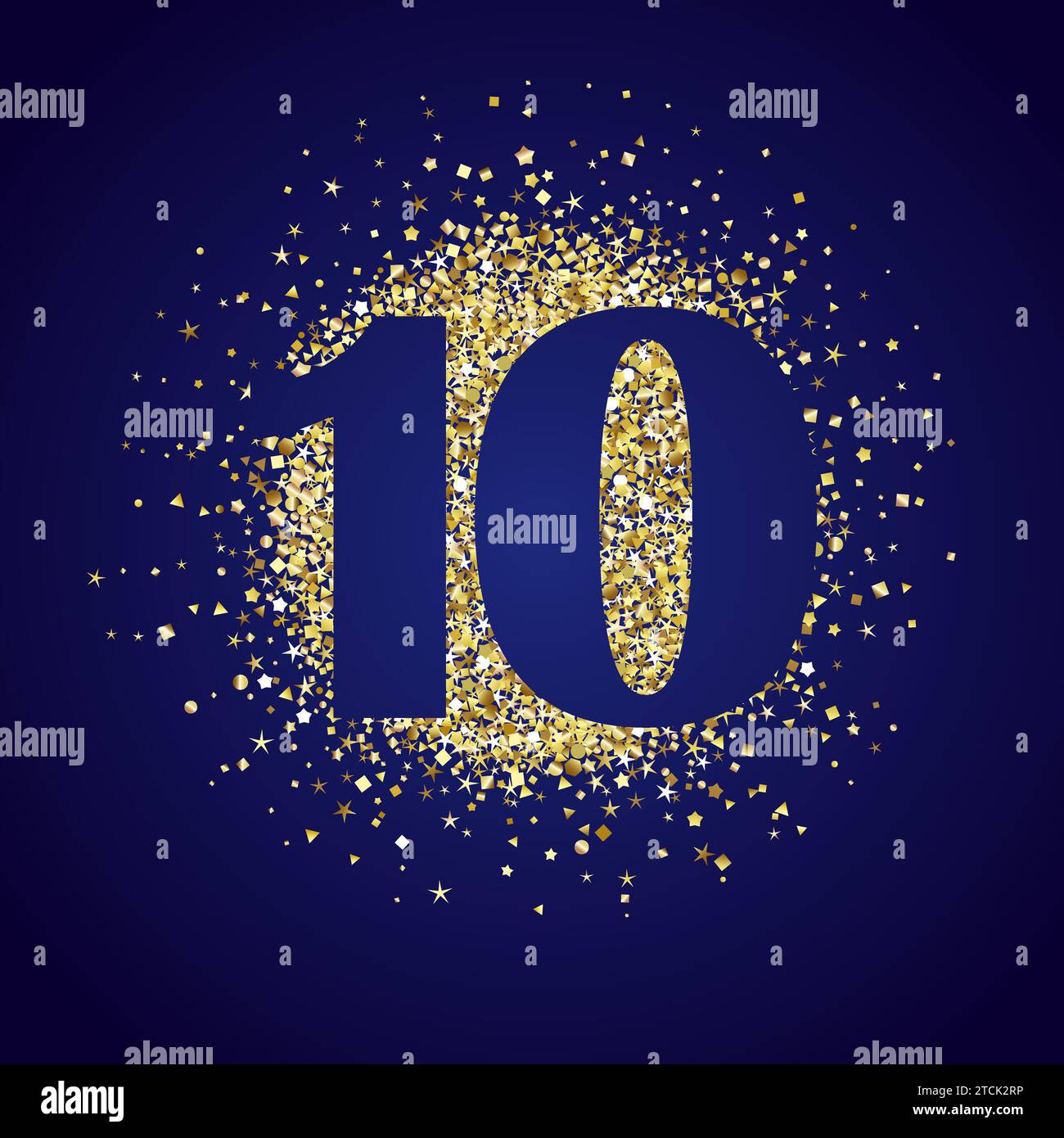Top-10-Design mit goldenem Hintergrund. Herzliche Grüße zum 10. Jahrestag. Isolierte Goldkugel und Nummer 10 mit blauem Verlauf. Kreative Dekoration. Stock Vektor