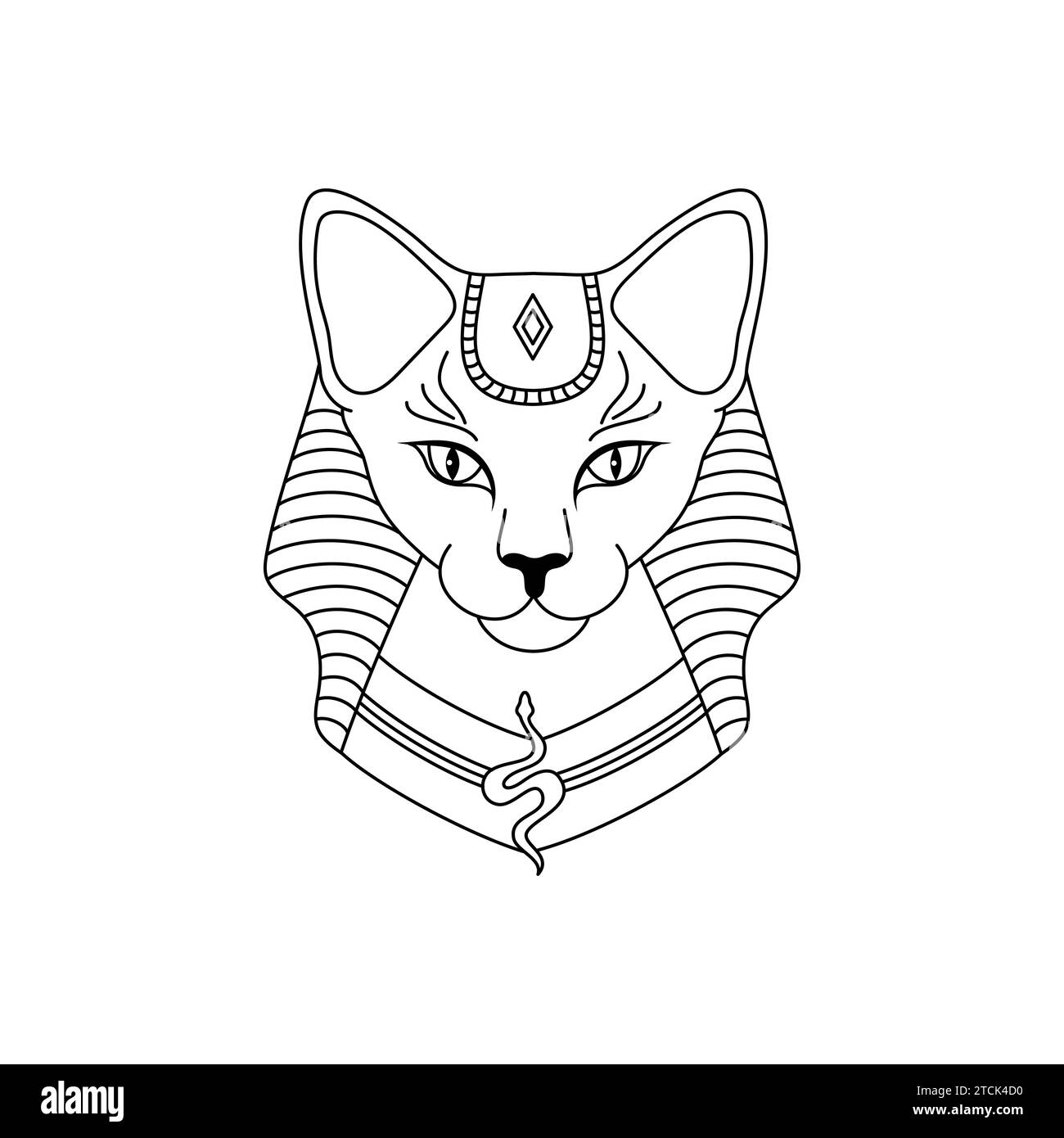 Ägyptische Katze im linearen Stil auf weißem Hintergrund. Die altägyptische Göttin Bast oder Bastet. Stock Vektor