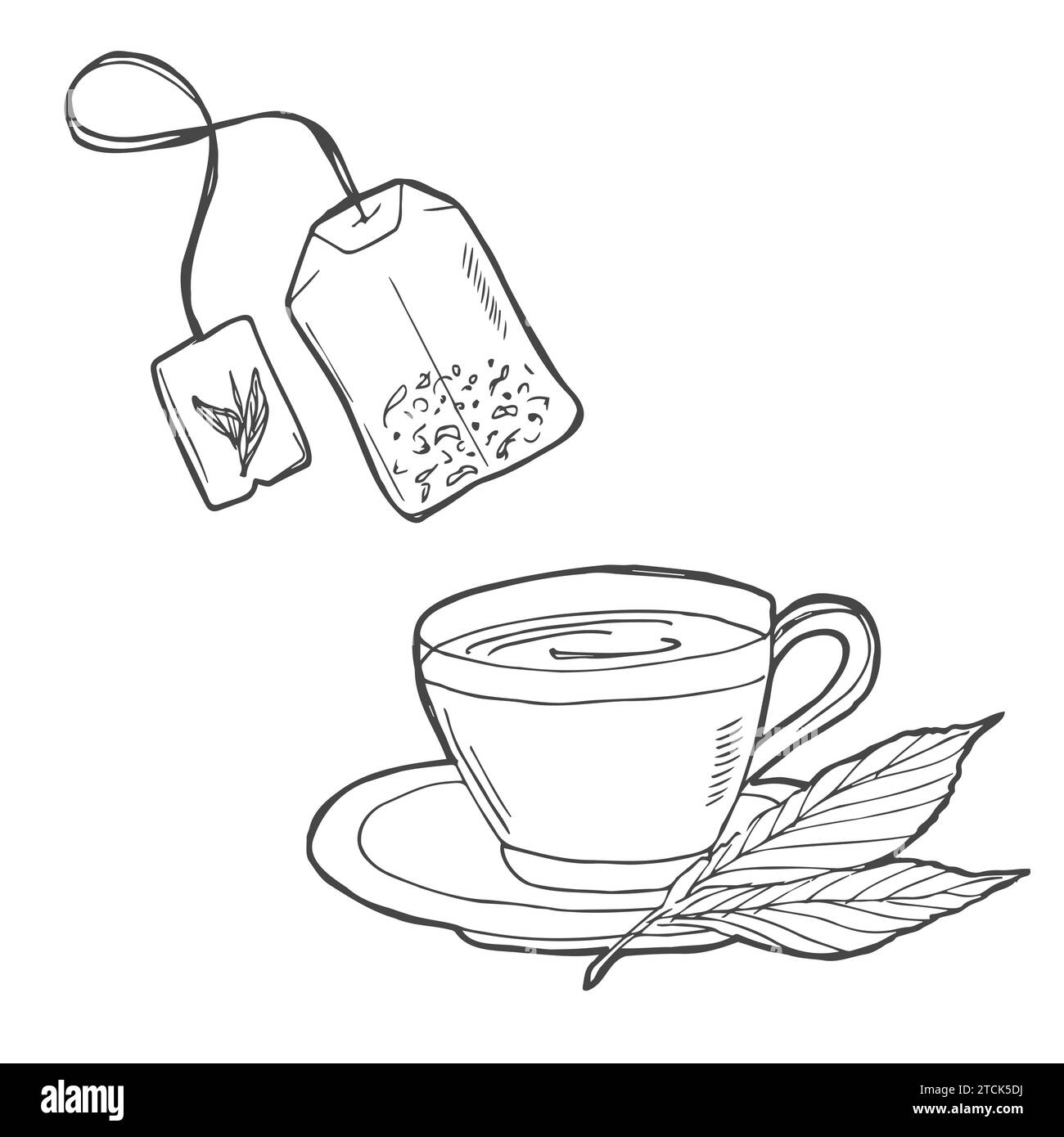 Tasse mit Teebeutel, handgezeichneter Umrisskontur. Heißgetränk - Illustration von Teetassen-Vektorskizzen für Druck-, Web-, Mobile- und Infografiken isoliert Stock Vektor