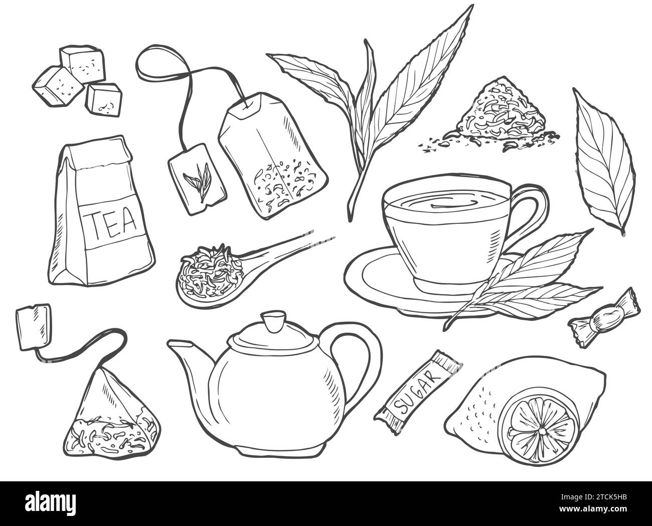 Handgezeichnetes Doodle Tea Time Symbol Set. Vektorabbildung. Sammlung von Symbolen für isolierte Getränke. Cartoon verschiedene Getränkeelemente: Becher, Tasse, Teekanne, Blatt, Stock Vektor