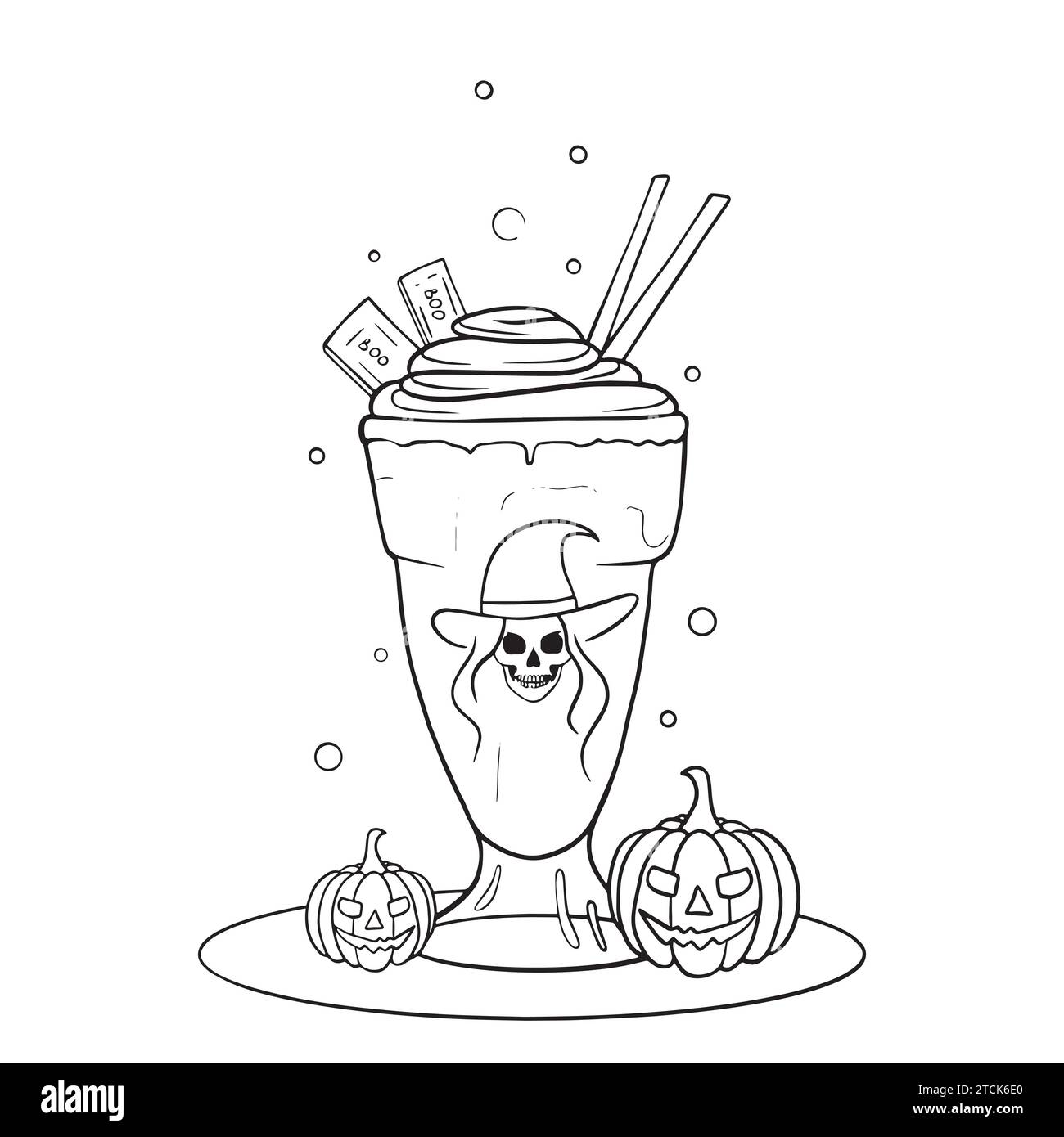 Bemalte Kaffeetasse für Halloween mit Hexe und Blasen Stock Vektor