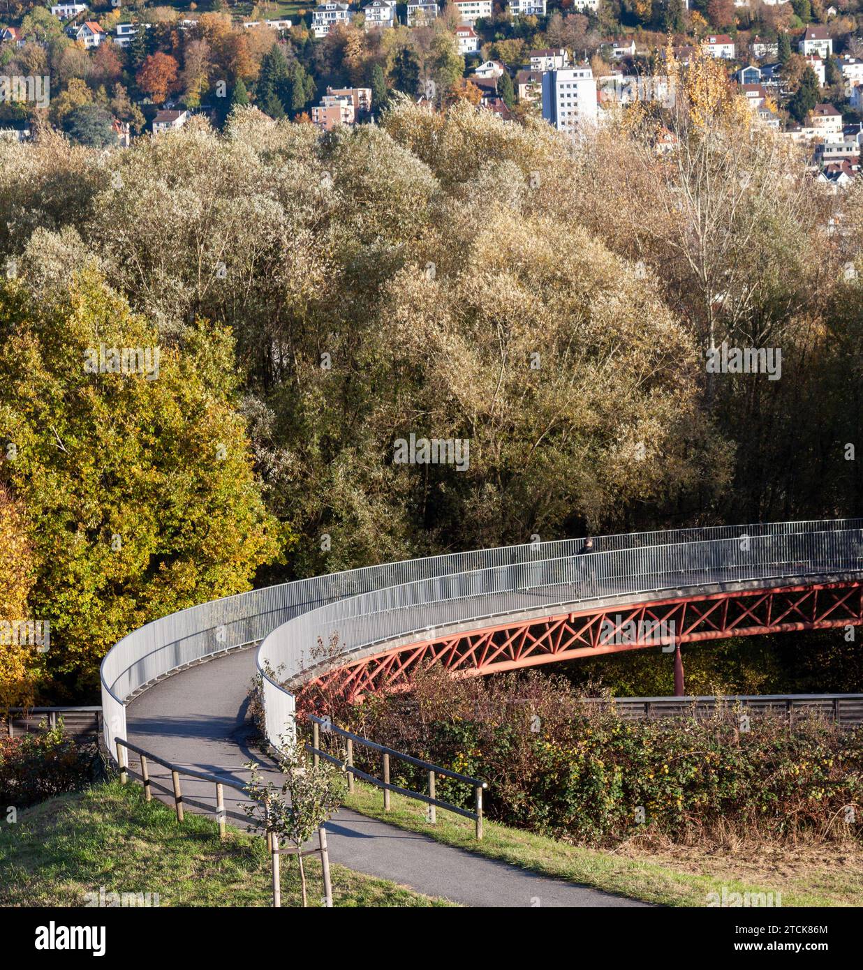 Fußgängerbrücke zwischen Herbstbäumen. Eine Stadt auf einem Hügel in der Ferne. Deutschland, Ravensburg Stockfoto
